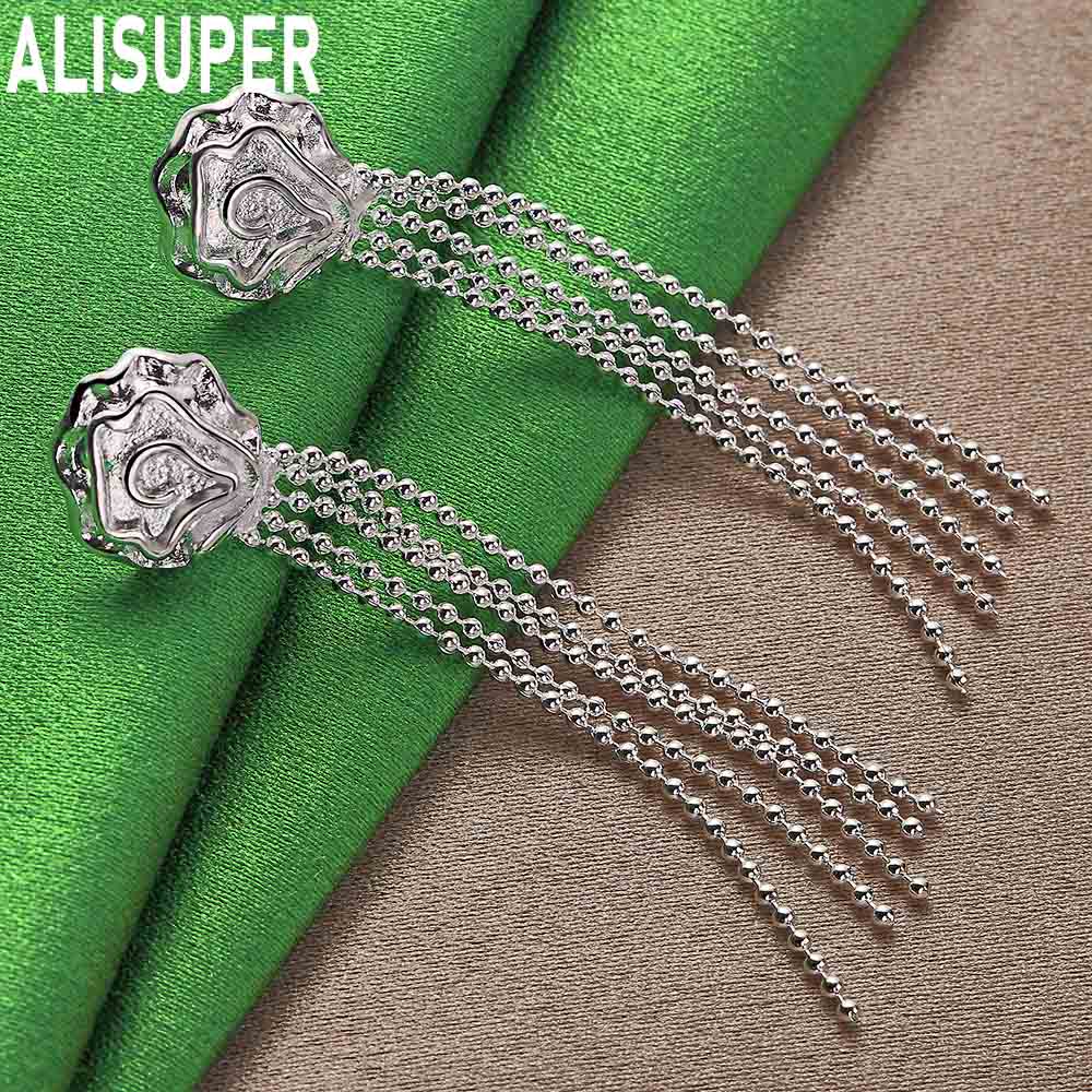 925 Sterling Silver Romantic Rose Pierced Earrings Fashion Charm Wedding Jewelry