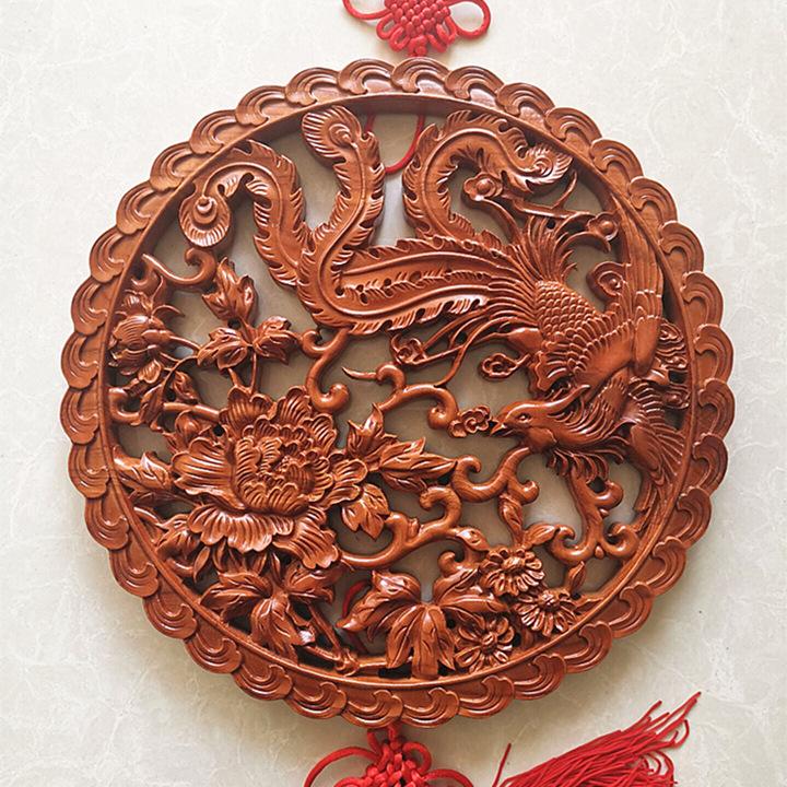 Peach Wood Peony Phoenix Feng Shui Pendant: Soaring Phoenix with Peony Vermilion Bird Ornament for Auspiciousness