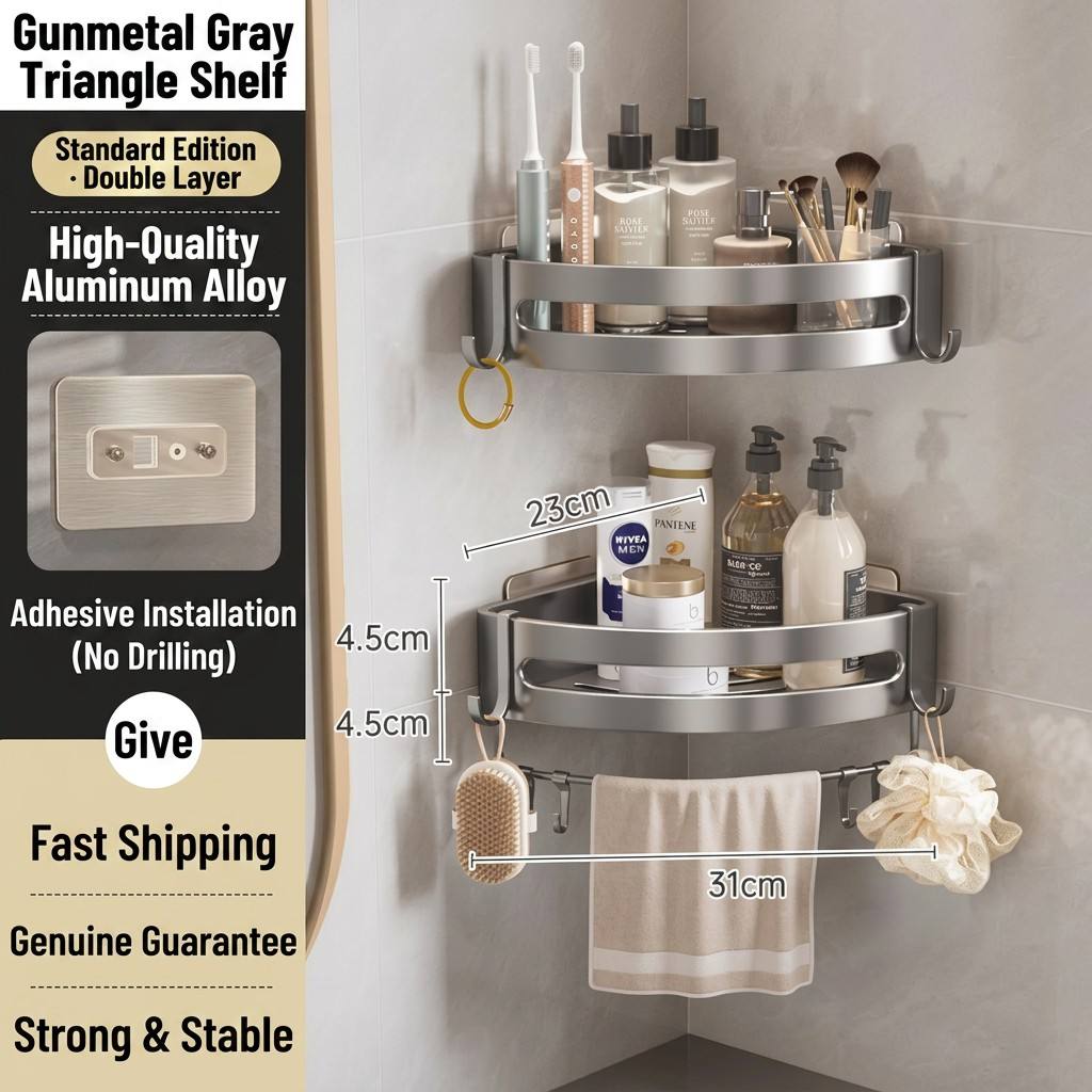 Gunl Gray Bathroom Corner Shelf, No-Drill Shower Caddy, Body Wash Rack for Shower Room and Bathroom Shelf