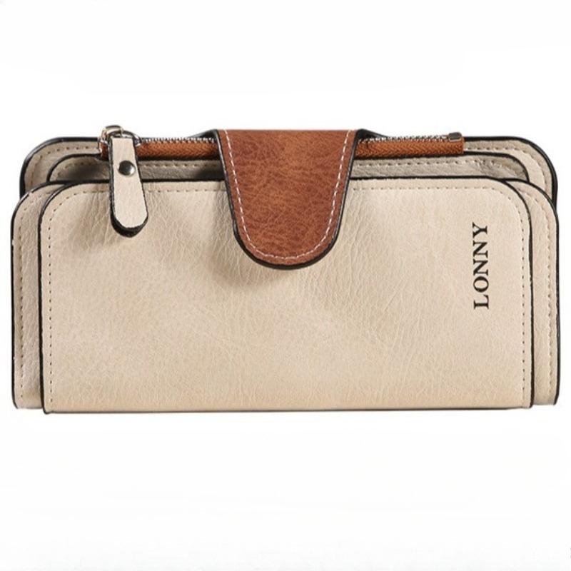 Women Long Wallet Money Clip PU Leather 3 Fold Women's Wallets Clutch Color Blocking Retro Coin Purse Card Holder