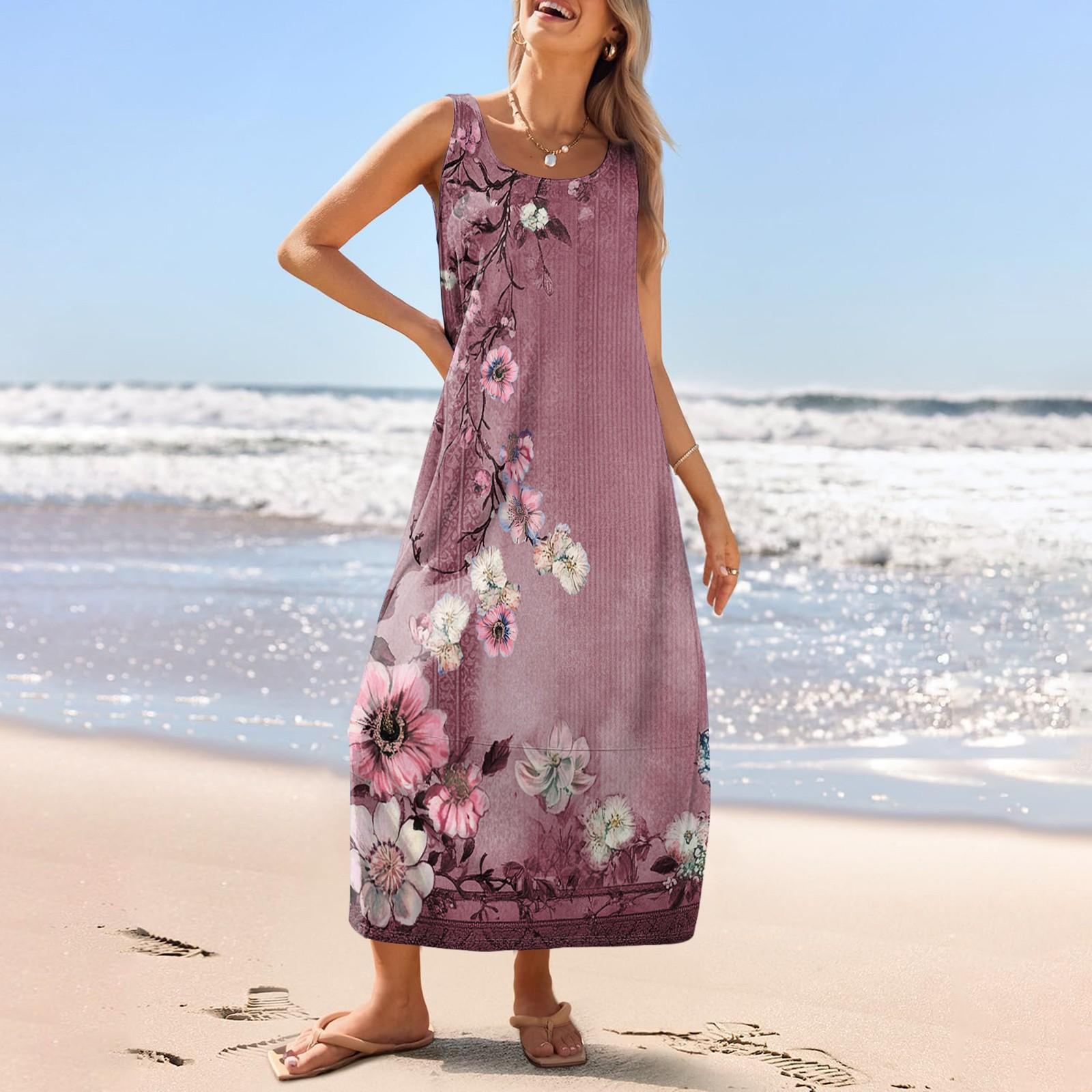 Женский повседневный длинный сарафан, летнее пляжное платье, круглый вырез, без рукавов, свободный сарафан L