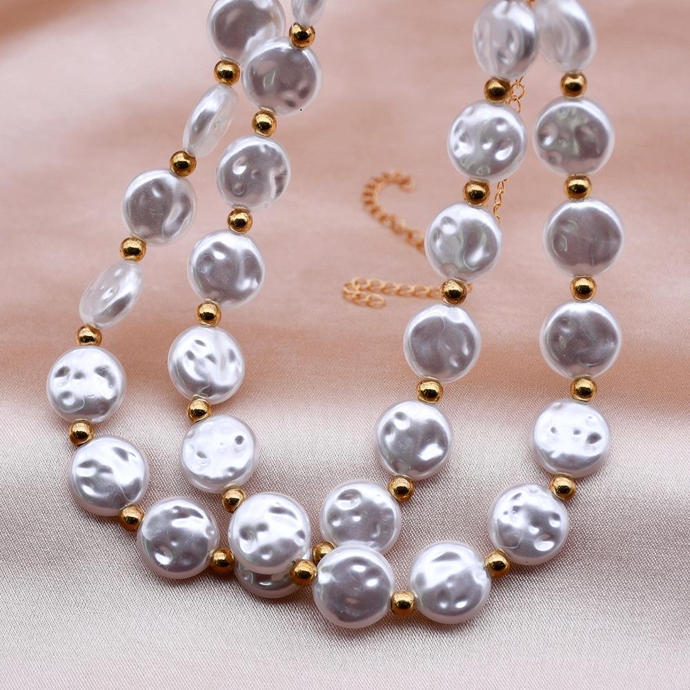 Fashion Single-layer Retro Choker Pearl Neck Chain Baroque Special-shaped Flat Round Bead Gold Necklace Female