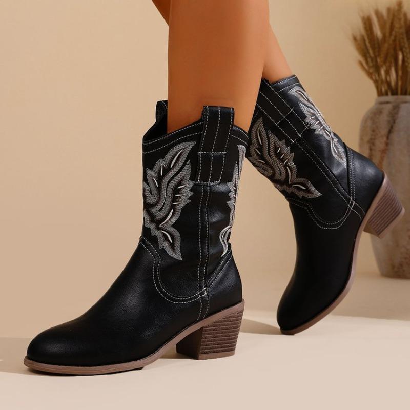 Damskie brązowe buty westernowe o szerokiej szerokości, botki do połowy łydki z okrągłym noskiem, damskie botki na kostkę na vintageowym masywnym obcasie