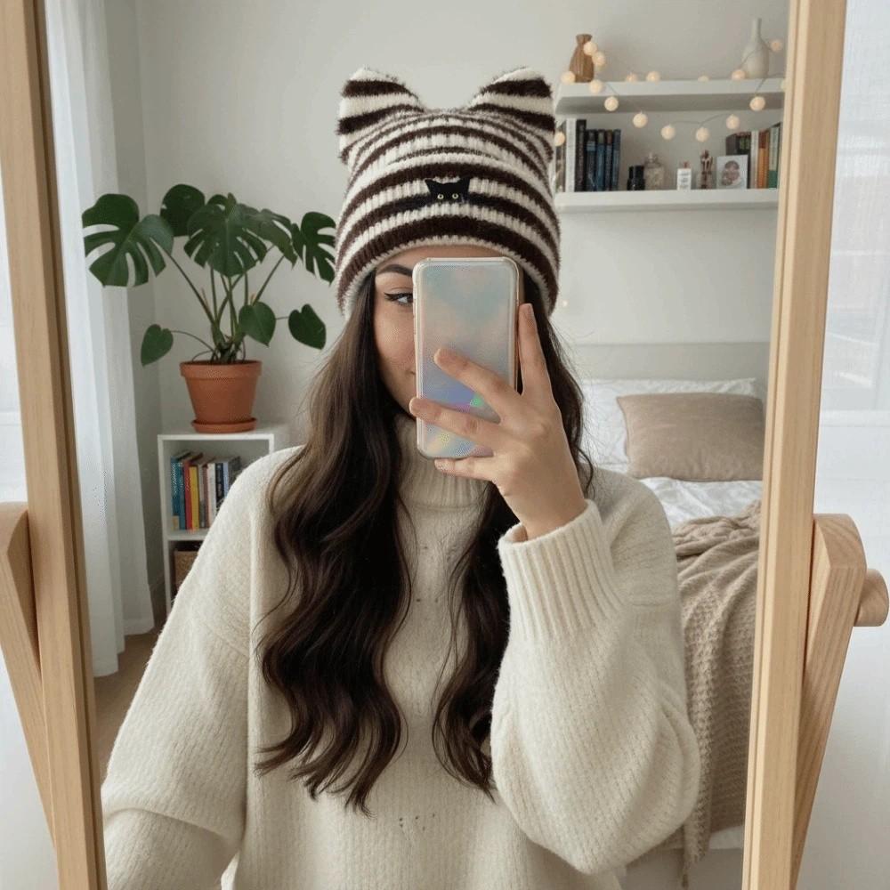 Cold Proof Embroidered Hat Keep Warm Pullover Hat Fashion Women Cat Ear Knitted Hat Outdoor Sports