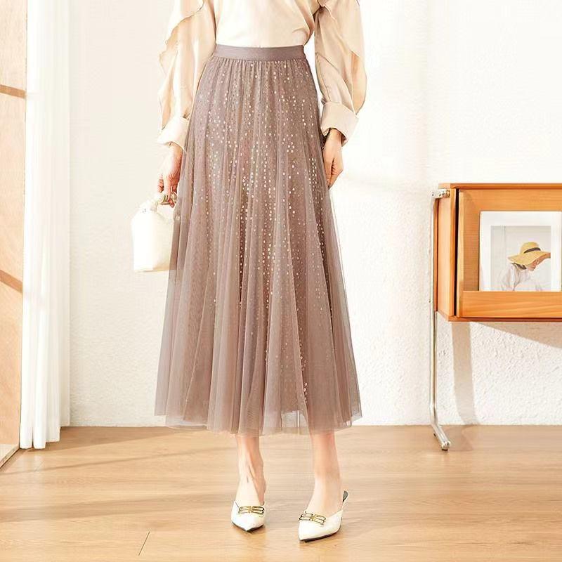 

Модная юбка-миди с высокой талией и пайетками для весны/лета One Size (80-150 cm height) кофейный