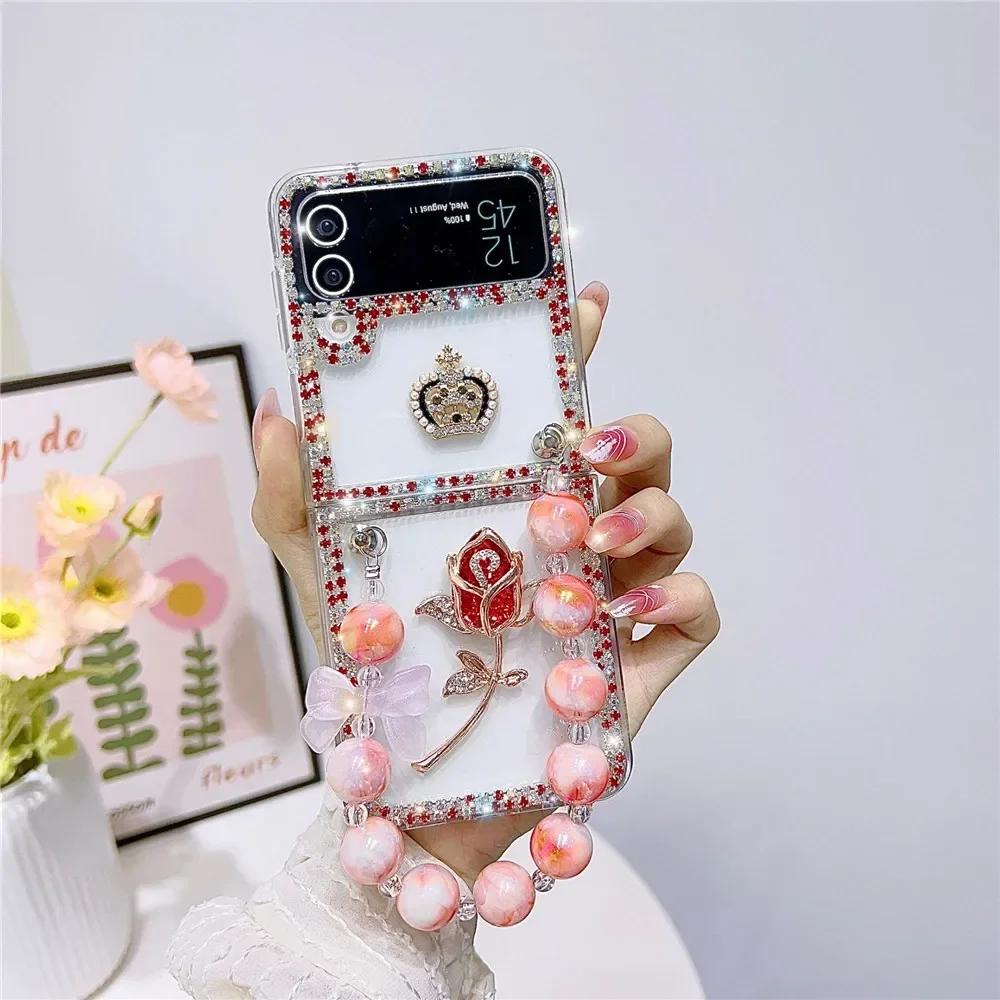 Brățară portabilă cu mărgele laser și husă de telefon cu fundiță cu diamante pentru Samsung Z Flip 5 4 3, husă transparentă de lux cu strasuri colorate