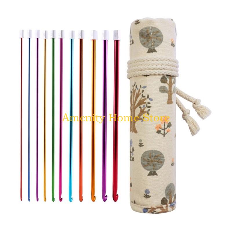 F26C 11Pcs 27cm Long Afghan Crochet Hook Needle 2mm-8mm Colorful Aluminum Knitting Needle Ergonomic Grip For Sweater Blanket
