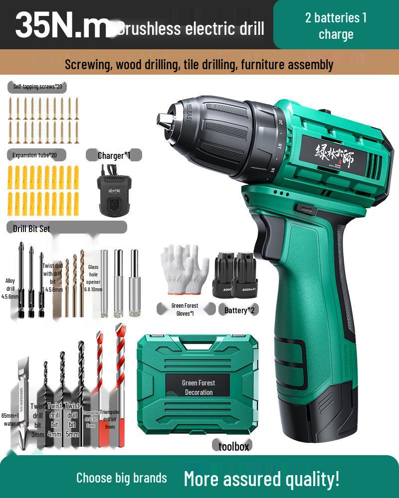 Green Forest 16.8V Brushless Electric Drill: Multi-Function Lithium Pistol Power Tool with Charging Impact and Screwdriver Function.