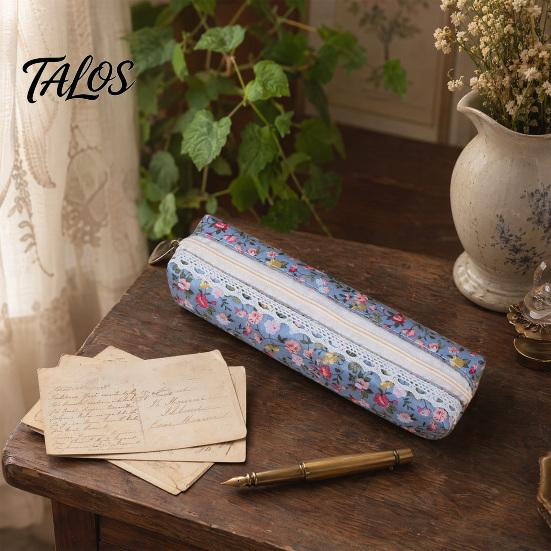 Talos Floral Canvas Pencil Case, Vintage Polka Dot Pen Pouch, Large Capacity Stationery Bag for Students, Office School Supplies