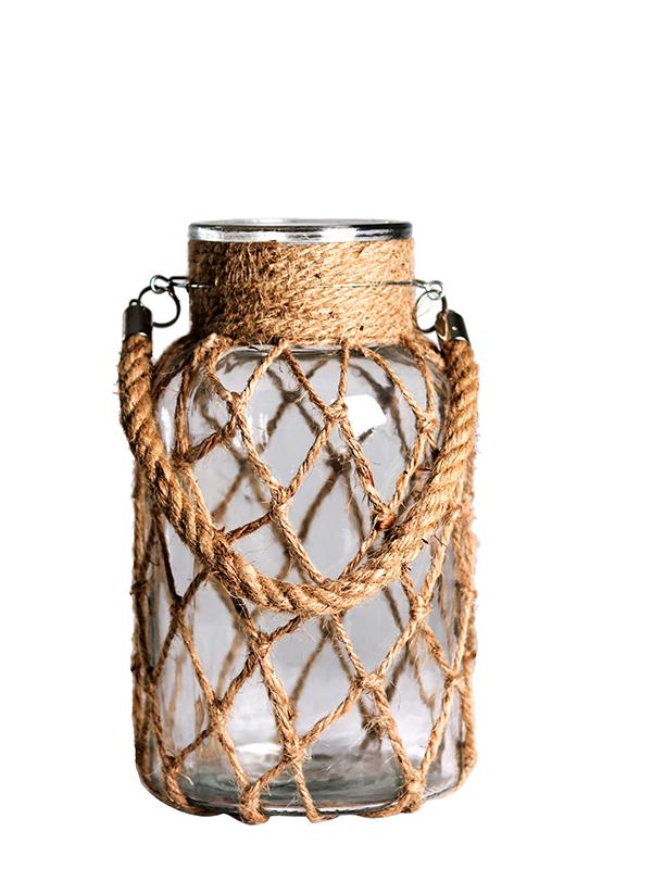 Retro Dried Flower Arrangement Glass Vase with Hemp Rope – Transparent Desktop Ornament for Home Decor