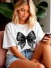 Women Crew Neck Short Sleeve T‑Shirt, Black 3D‑Effect Lace Bow Graphic Tee, Casual Loose Summer White Sweet Top