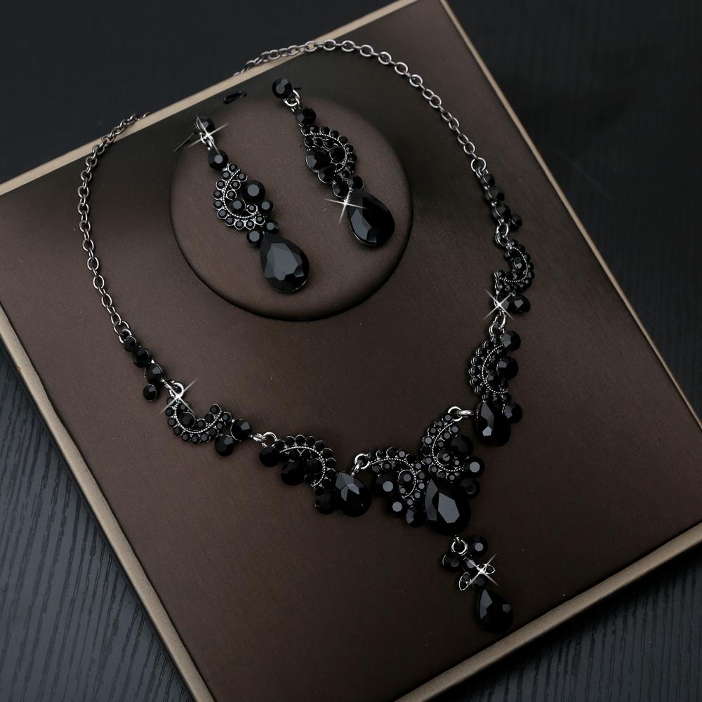 3pcs High-end Luxury Mysterious Black Droplet Gemstone Women's Necklace Dignified Elegant Banquet Dress Niche Design Jewelry Set