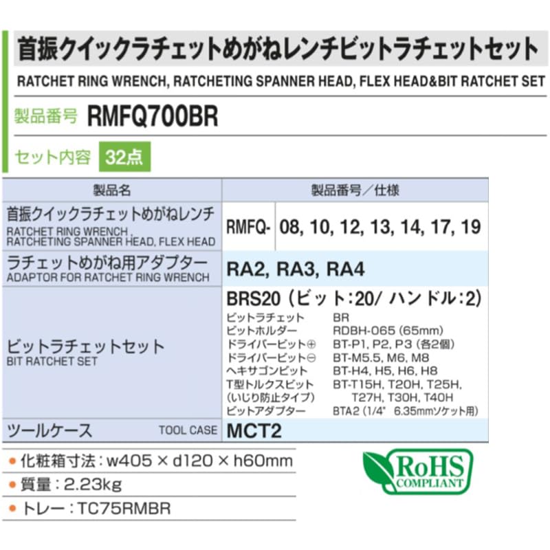 TONE Swing Quick Ratchet Box Wrench Bit Ratchet Set RMFQ700BR Drive Angle Bit Insertion Bit Silver Contents 32 items 6.35mm & 9.5mm & 12.7mm & (1/4" &