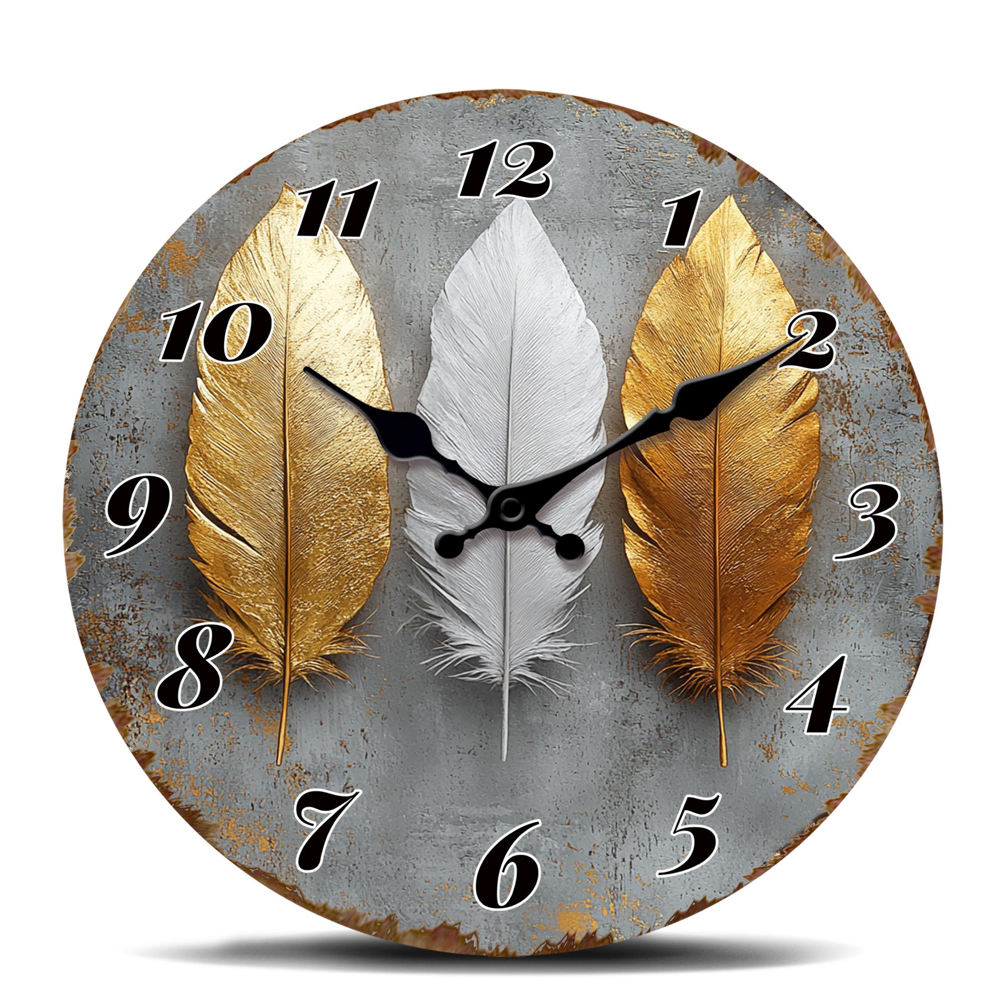 

Golden and White Feather Art Wall Clock, Bohemian Style Silent Quartz Clock, Unique Round Decorative Timepiece for Living Room 10 inch