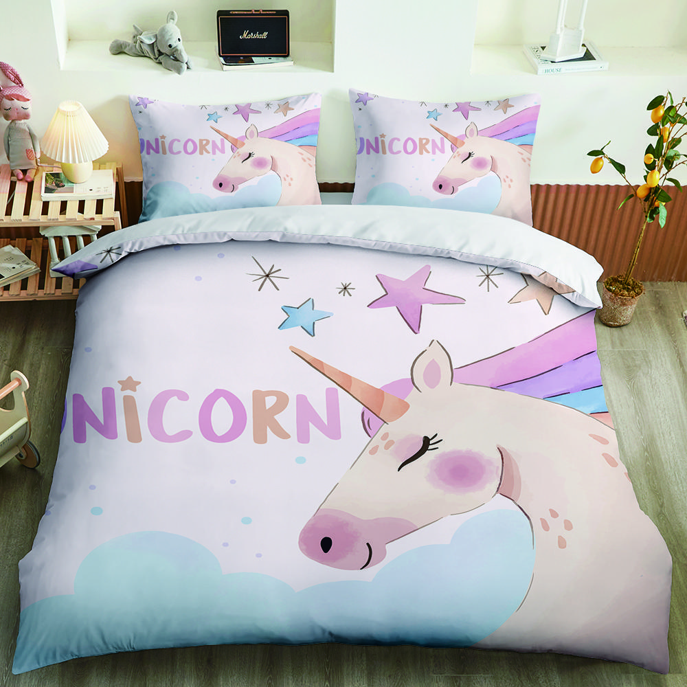 Kawaii Unicorn Colorful Luminous Unicorn Kids Bedding Set For Girls Pink Deluxe Quilt Cover Bedding Set King Queen Quilt Cover