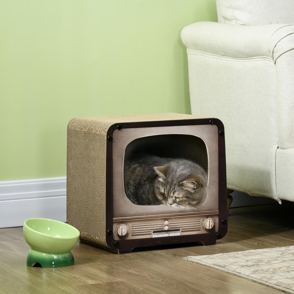 Cat Scratching Post, 2-in-1 TV Shape, House and Mat, Corrugated Cardboard, 39 x 29 x 37 cm, Brown