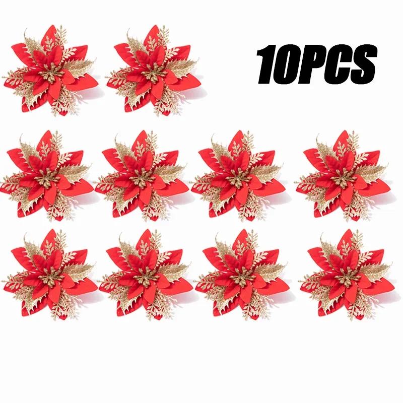 Glitter Christmas Poinsettia Flower Decoration Double Layer Gold Glitter Sparkle Holly Artificial Flower for Xmas Tree Ornaments
