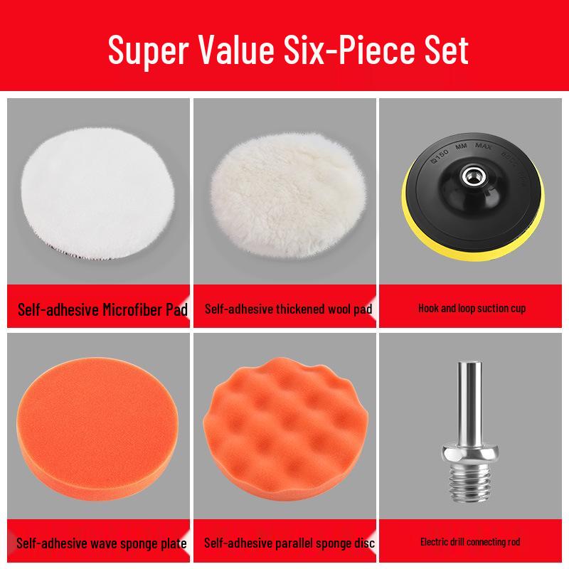 Electric Car Polisher Kit: Drill Attachment, Self-Adhesive Sponge, Wool Ball, Polishing Disc for Scratch Removal.