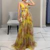2026 Spring Women's Colorblock Print V-Neck Spaghetti Strap Long Dress