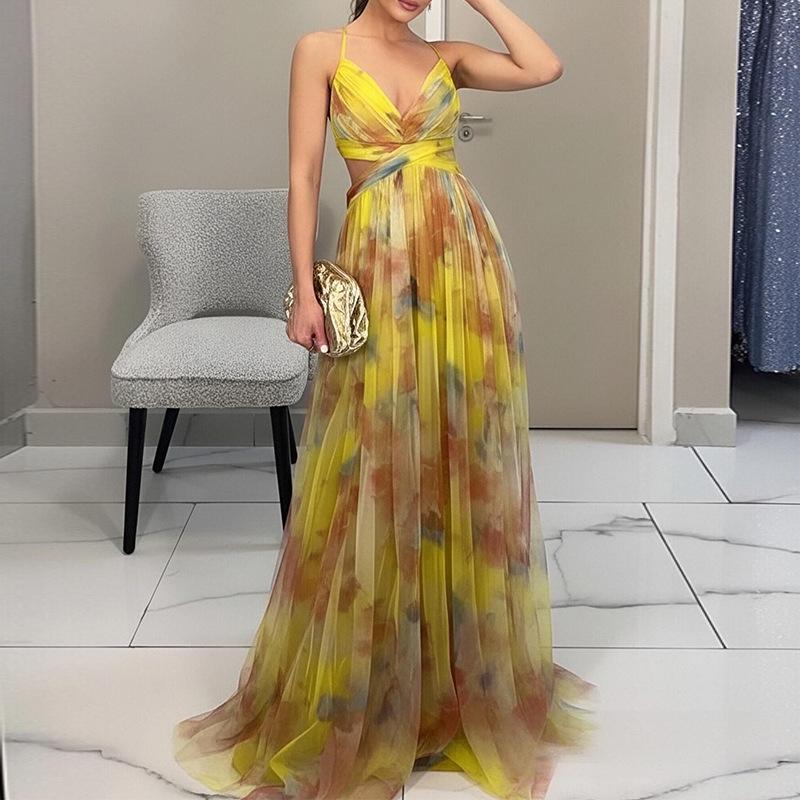 2026 Spring Women's Colorblock Print V-Neck Spaghetti Strap Long Dress