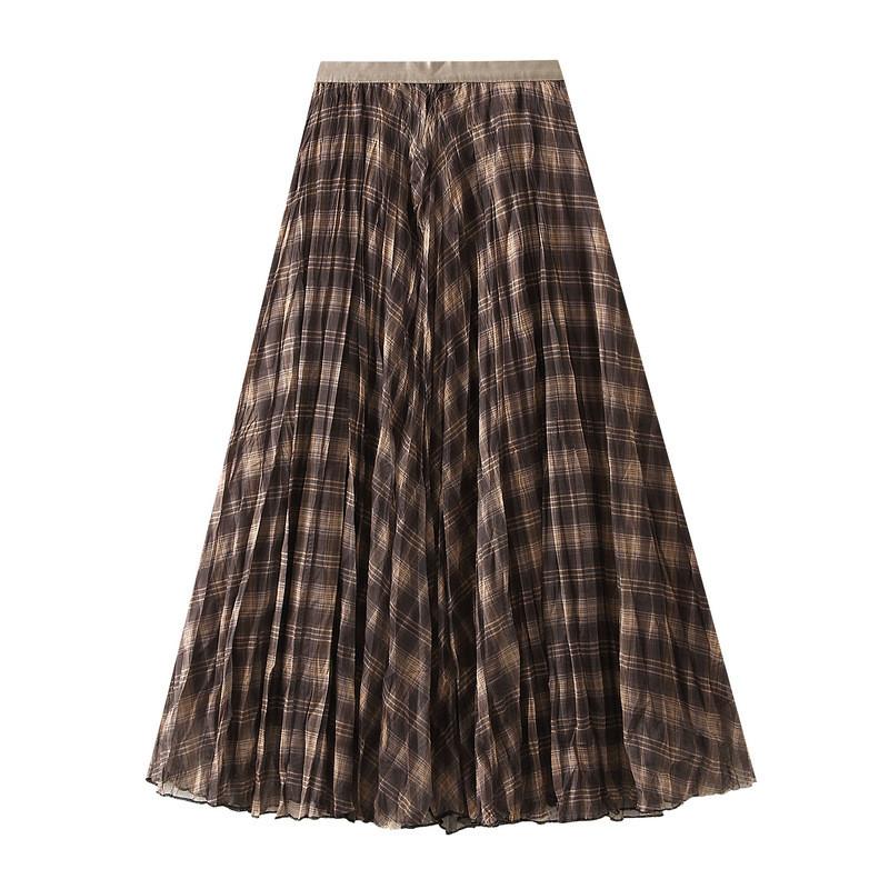 Qooth Autumn Brown Plaid Skirt for Women A-Line Maxi Length Slim Half Skirt QT2745