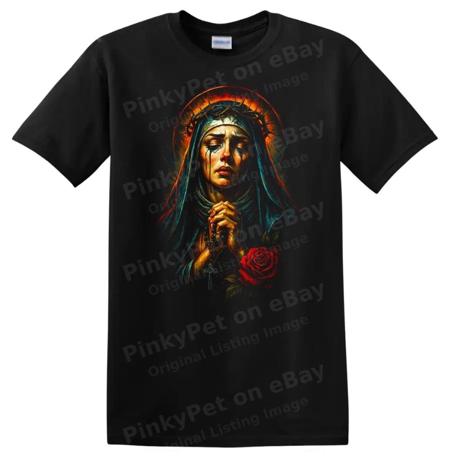 Praying Virgin Mary T Shirt Religious Art Graphic Design Urban Streetwear Tee