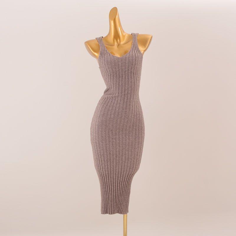 

Double-Strand Core-Spun Yarn Soft Glutinous Double V Slim fit Sheath Vest Skirt Western Style Solid Sunken Stripe Inner wear Knitted dress Khaki All yards