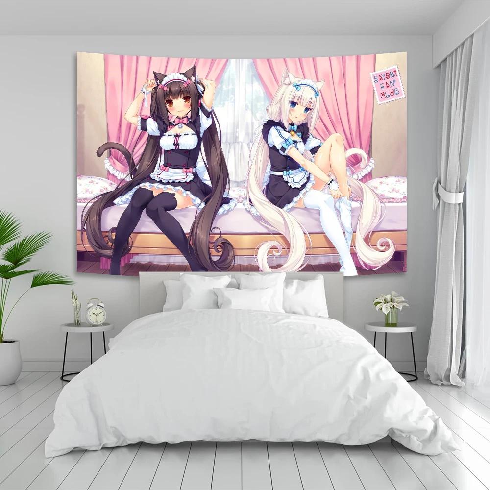 VIKAMA Anime Girl Tapestry Cat Ear Maid Kawaii Room Decoration Japanese Cartoon Ins Style Bedroom Decoration