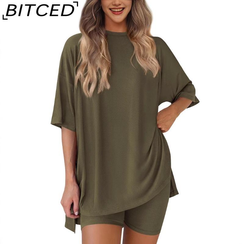 BITCED Women's Spring/Summer Loose-Fit Fashion Solid-Colour Casual Short-Sleeved Top and Shorts Two-Piece Set
