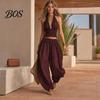 Everyday Wear For Women Women's Halter Sleeveless Summer 2 Piece Sets, Pleated Ruffle Backless Skin-friendly Fabric Clothes V Neck Top And Wide