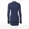 Women Elegant Dark Blue Mini Dress Autumn Pocket Long Sleeve Bodycon Dresses Lady Chic Party Club Robe