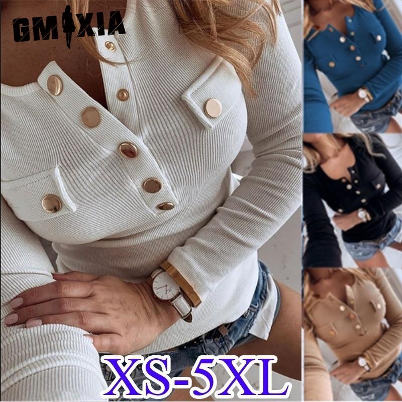 

GMXIA Женские модные повседневные осенние однотонные блузки с полуоткрытым воротником и длинными рукавами и узкие рубашки на пуговицах