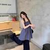 Korean Retro Checkered Bandeau Tank Dress A-Line Midi Skirt for Summer