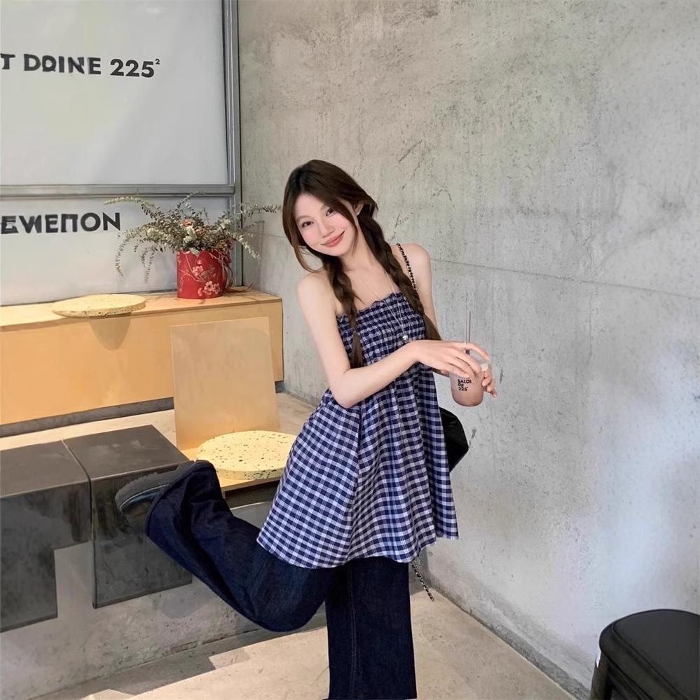 Korean Retro Checkered Bandeau Tank Dress A-Line Midi Skirt for Summer