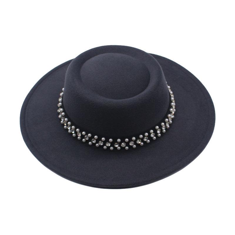 European and American New Autumn and Winter Wool Woolen Big-brimmed Jazz Hat Female Concave Top Black Top Hat Pearl Rhinestone Felt Hat