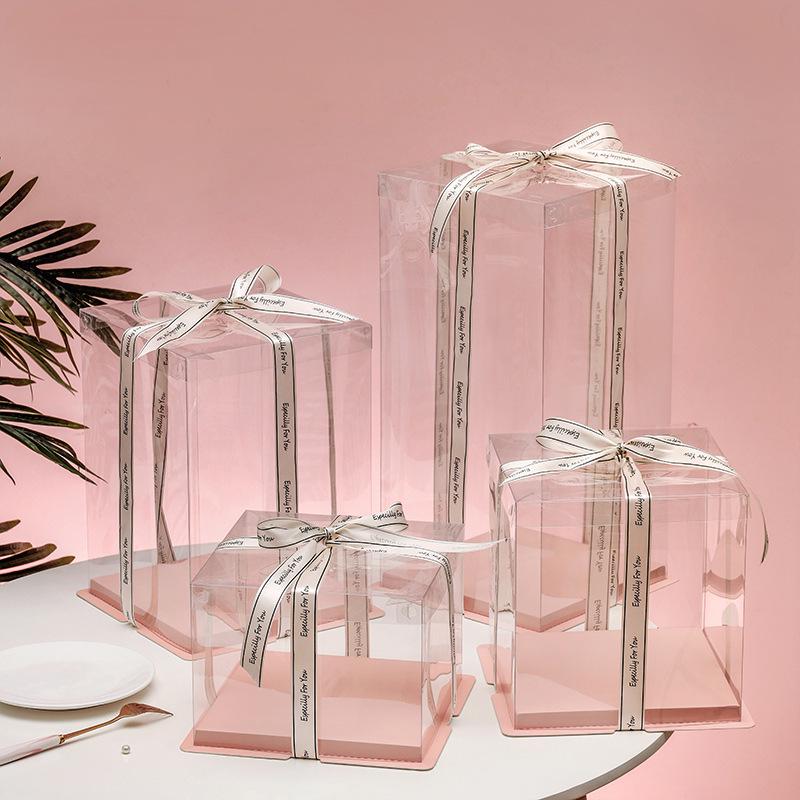 Exquisite Transparent Square Cake Box with Heightened Lid for Birthdays & Gifts - Fluid Bear Design