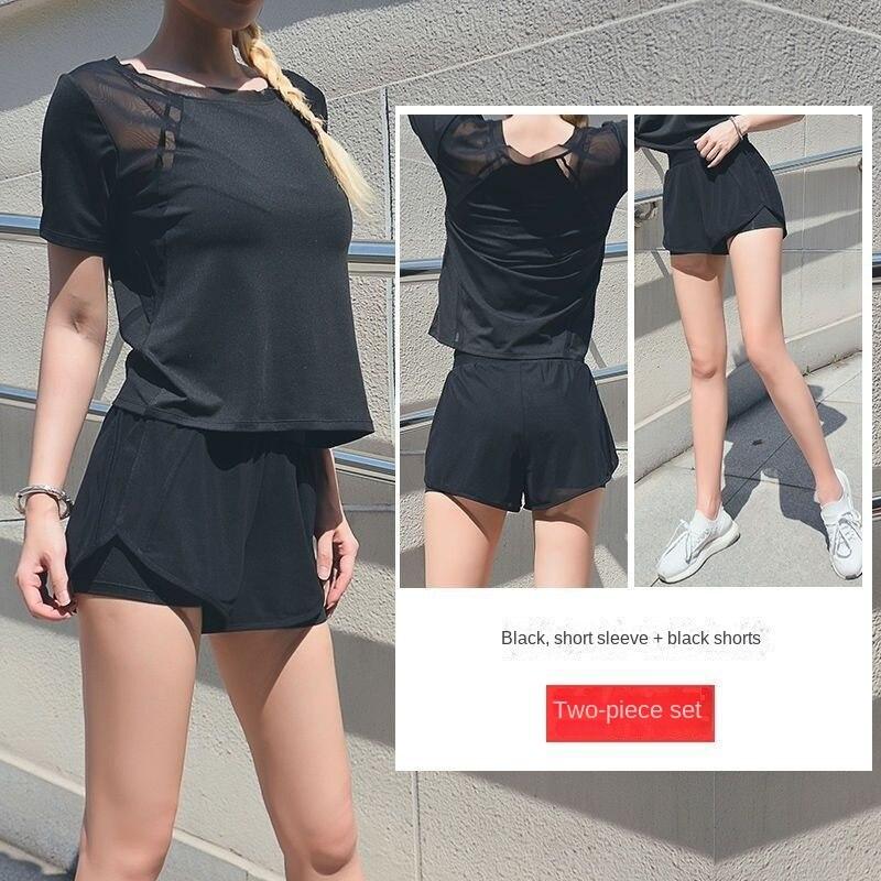 

S-XL костюм для йоги, сетчатая дышащая быстросохнущая одежда, шорты с короткими рукавами, одежда для бега, женский костюм для фитнеса S чёрный