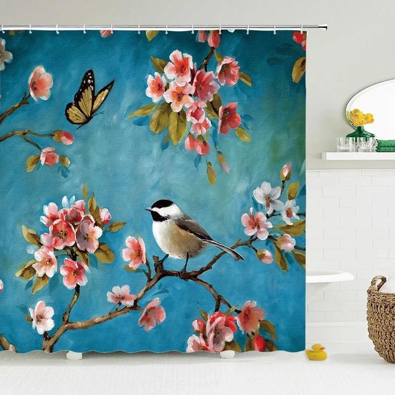 Duschvorhänge im chinesischen Stil mit Blumen und Vögeln, wasserdicht, Badezimmervorhang, 3D-bedruckter Stoff mit Haken, Dekoration, Duschvorhang