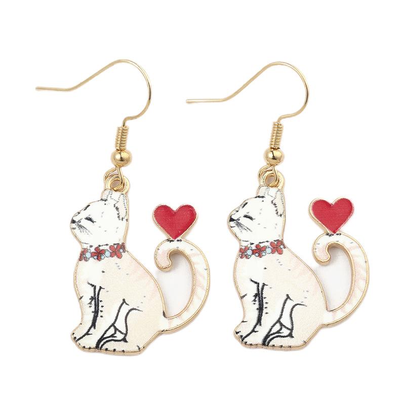 Fashion Cartoon Oil-dripping Printed Animal Cat Heart-shaped Dangle Earrings for Women Cute Kitten Jewelry Accessories Gifts