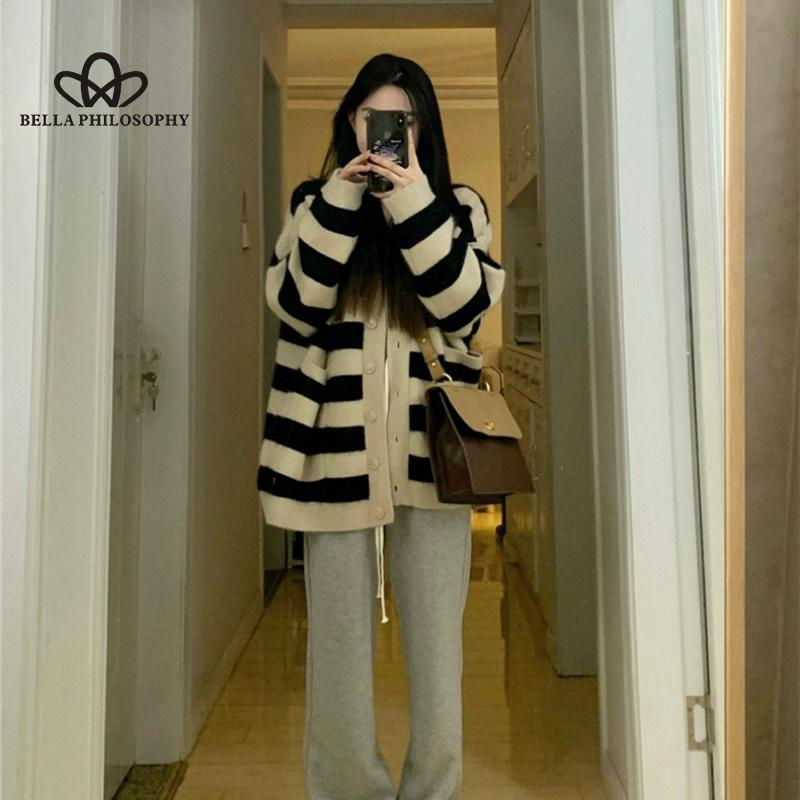 

Свитер в контрастную полоску, женский весенний новый свободный вязаный кардиган One size чёрный