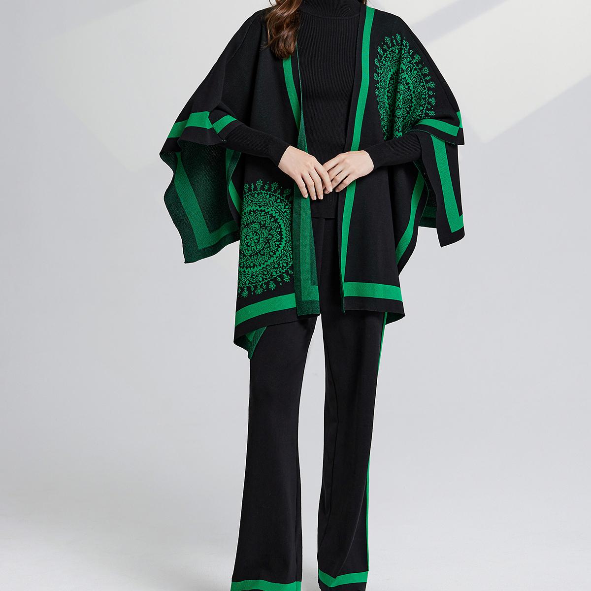 Элегантный цветочный узор вязаный костюм-тройка осень-зима трикотажный топ и широкие — фото 5