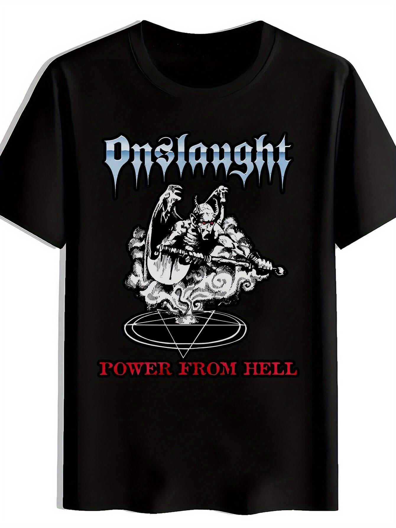 Black Graphic T-shirt with ONSLAUGHT Power From Hell Print - Retro Rock Band Design L