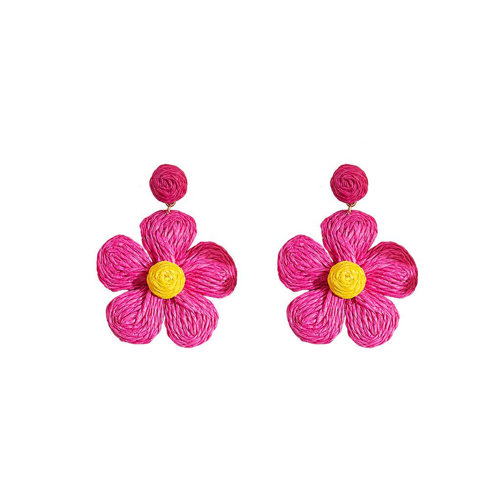 Hand-Woven Raffia Earrings Cute Solid Color Flower Earrings Vacation Style Candy Color Earrings
