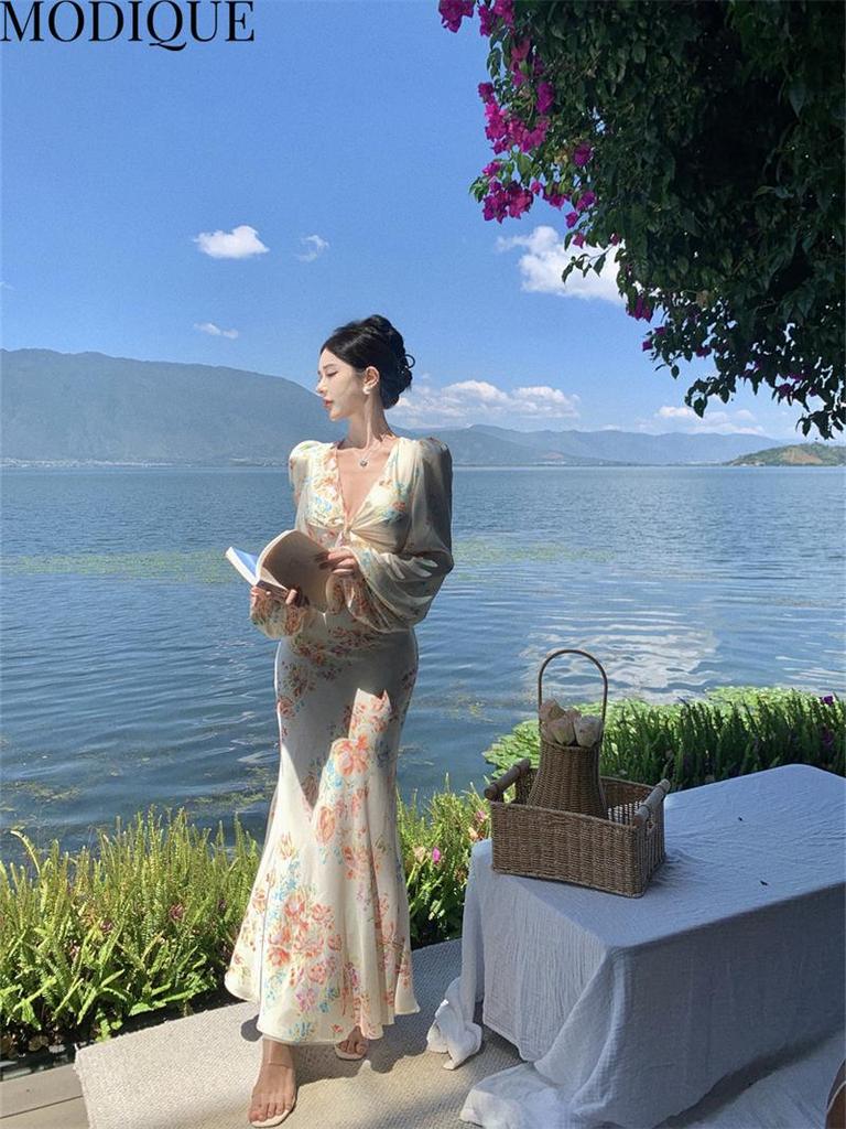 MODIQUE Spring Summer Women Elegant Floral Print Beach Backless Hip Wrap Fishtail Long Dresses Holiday Lady Fairycore Sexy V-Neck Puff Sleeve Dresses