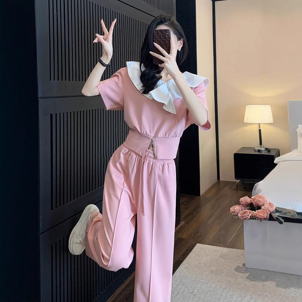 Fashionable Casual Sports Suit for Women Summer Sweet Temperament Short-sleeved Wide-leg Pants Two-piece Set