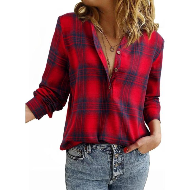 Podzimní a zimní dámská nová kostkovaná košile s výstřihem do V, módní ležérní košile na knoflíky