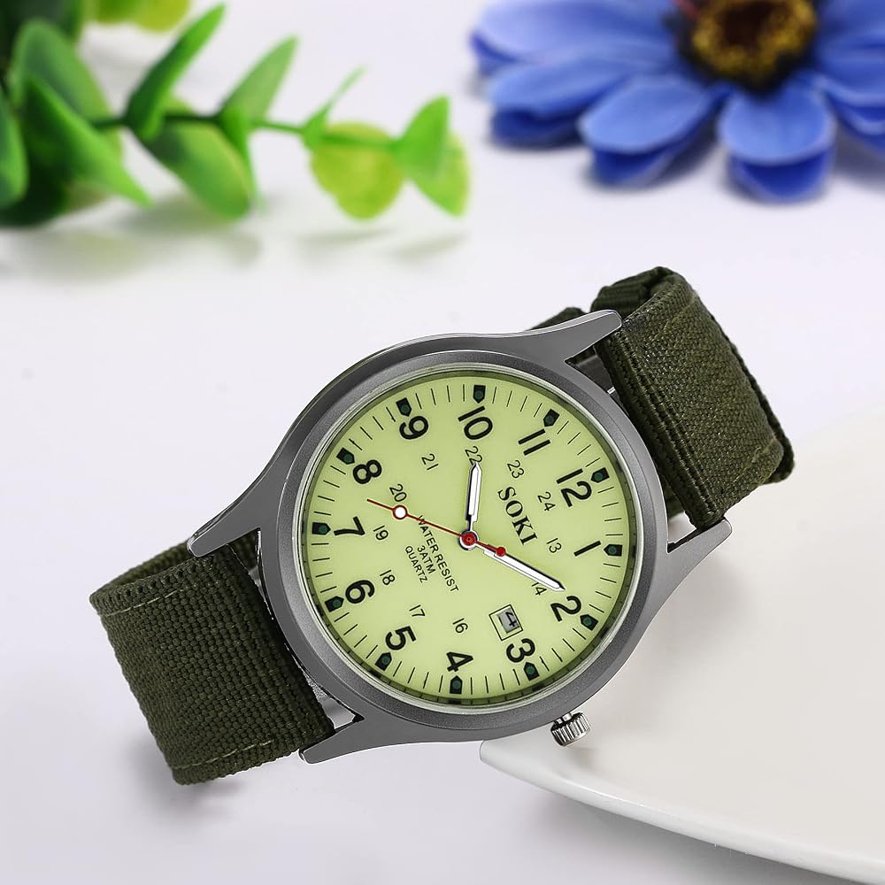 Men's Antique Calendar Waterproof Sports Watch Analog Display Nylon Strap Green 12/24 Hour Quartz
