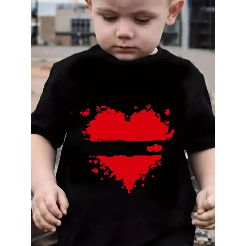 European sizes Boys' T-Shirt with Red Heart Print & White Splatter Design - Soft Breathable Summer Casual Round Neck Short Sleeve Top