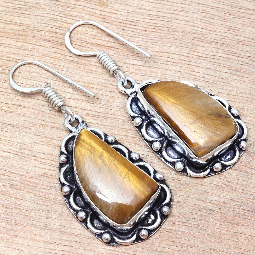 Tiger's Eye Gemstone Handmade Silver Jewelry Earrings 1.5''