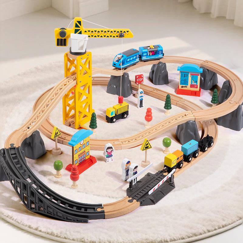 Wooden Train Toy Set with Tower Crane for Kids - Educational Assembly Playset
